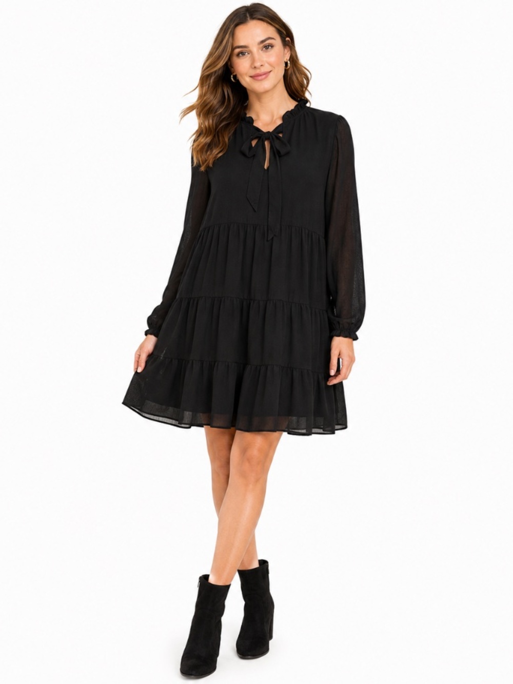 Kirundo Black Tiered Gauze Dress Long Sleeve Tie Neck Size Large